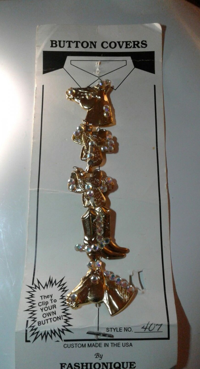 Vintage Golden with Crystals Button Covers Horses Saddles Western Boots