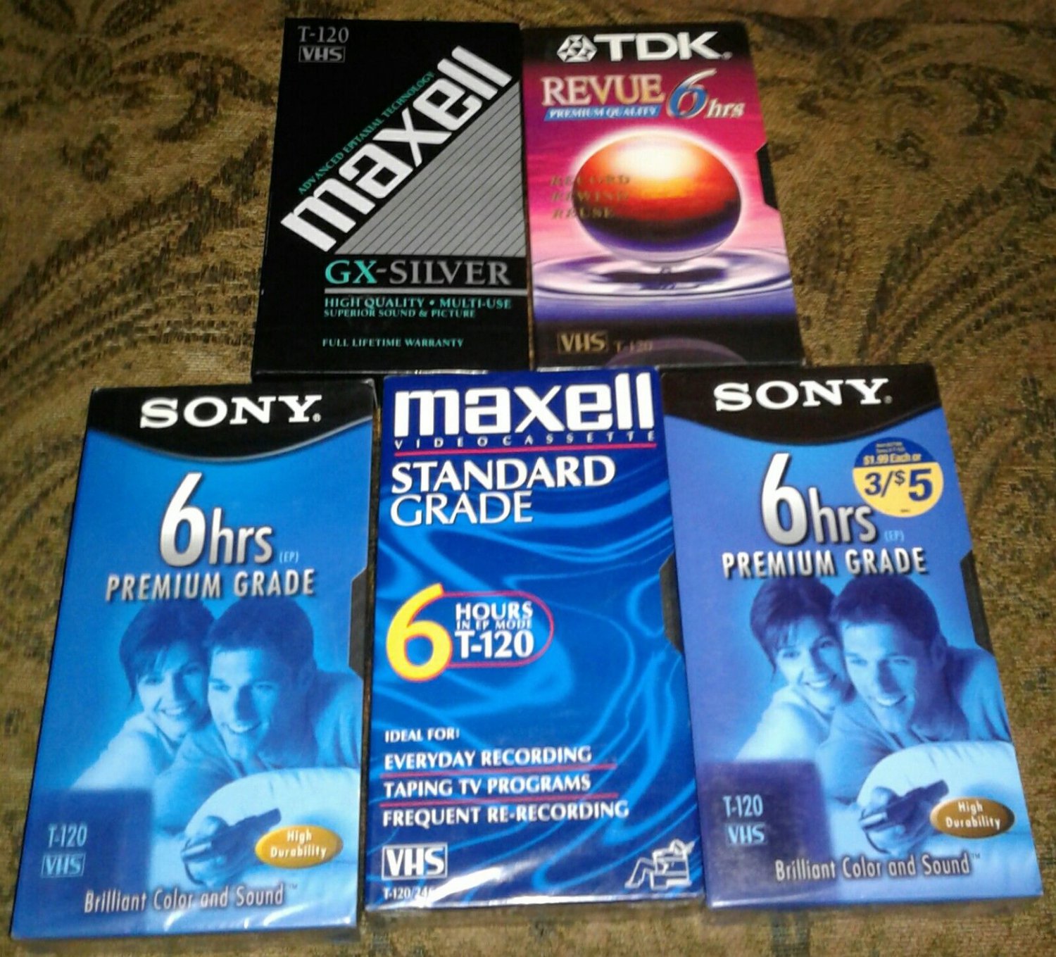 5 Blank VHS Cassette Tapes 2 TDK & SONY Maximum 6 Hour & 2 MAXXELL 2 Hour SEALED