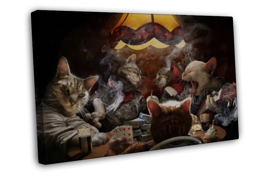 Cats Playing Poker Funny Art Home Wall Decor 16x12 FRAMED CANVAS Print