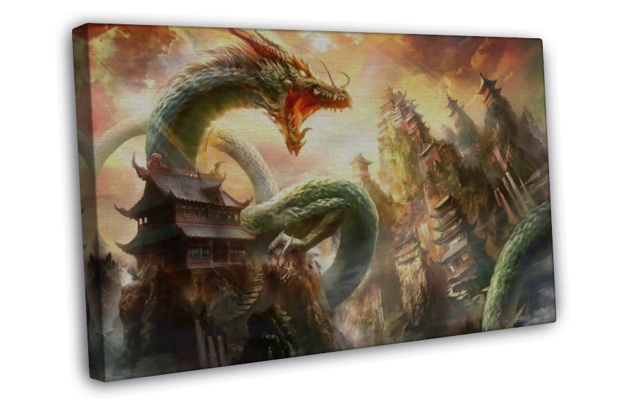 Japanese Dragon Fantasy Art Wall Decor 20x16 inch FRAMED CANVAS Print