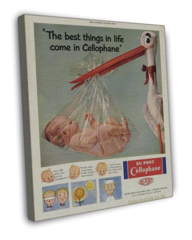 Vintage Du Pont Cellophane Stork Ad Art 20x16 inch Framed Canvas Print
