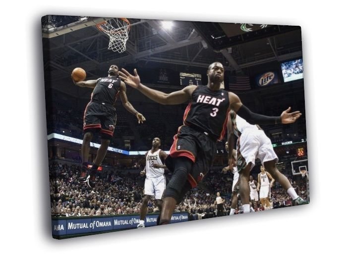 Lebron James Alley-Oop Dwyane Wade Miami Dunk  20x16 inch FRAMED CANVAS WALL PRINT