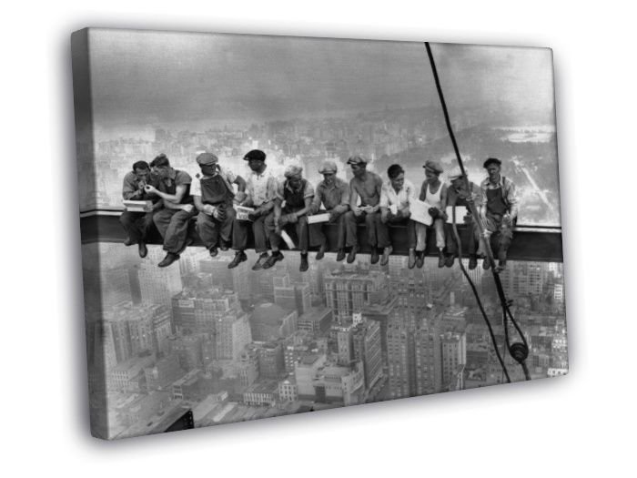 Lunch atop a Skyscraper Workers Building Retro Old BW  20x16 inch FRAMED CANVAS WALL PRINT