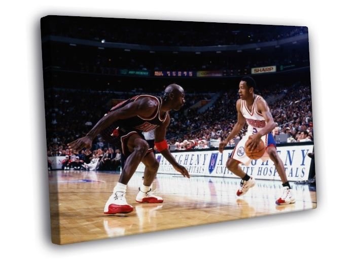 Allen Iverson vs Michael Jordan 76ers Retro WALL  20x16 inch FRAMED CANVAS PRINT