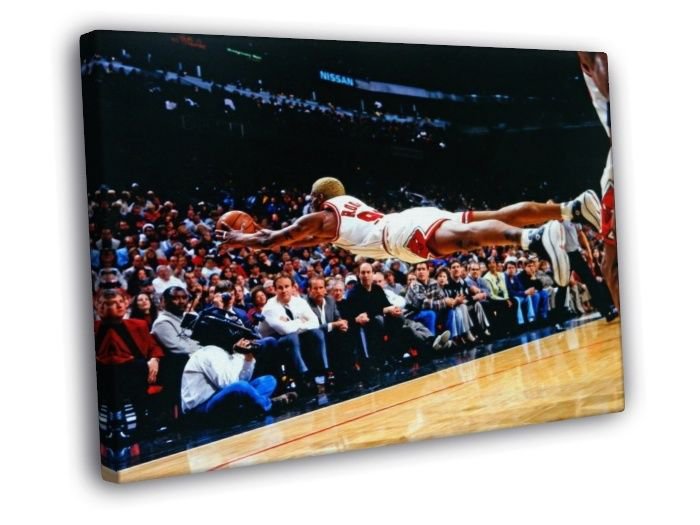 Dennis Rodman Chicago Bulls Jump Save Rebound  20x16 inch FRAMED CANVAS WALL PRINT