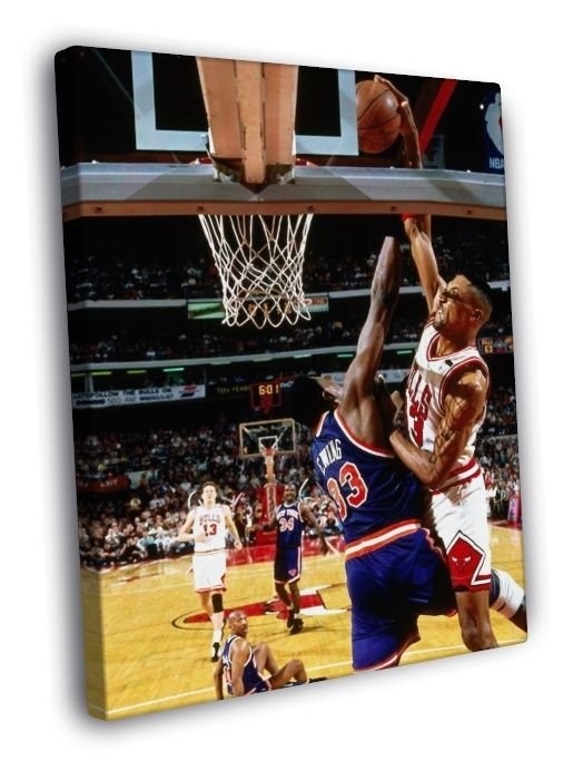 Scottie Pippen Dunk Patrick Ewing Bulls Retro  20x16 inch FRAMED CANVAS WALL PRINT