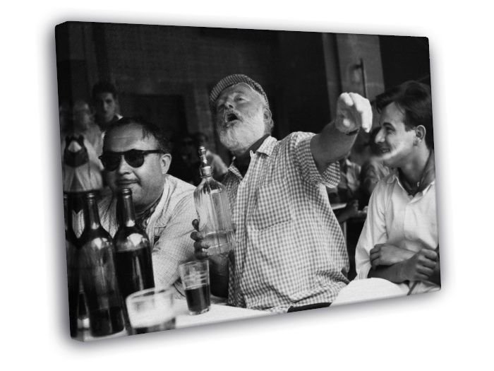 Ernest Hemingway Writer Table Drink BW WALL  20x16 inch FRAMED CANVAS PRINT