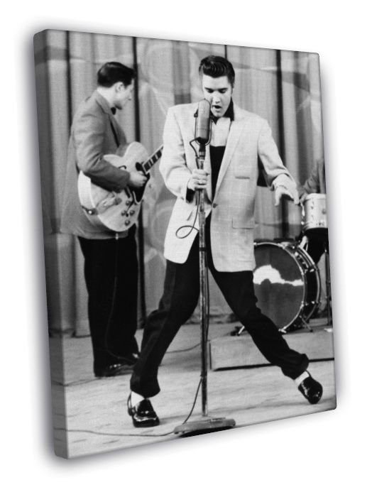 Elvis Presley Rock and Roll Microphone Retro BW  20x16 inch FRAMED CANVAS WALL PRINT