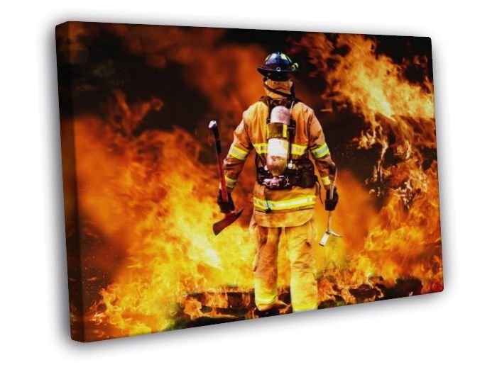 Firefighter Hero Fireman Flames Axe  20x16 inch FRAMED CANVAS WALL PRINT