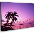 Purple Sunset Tropical Beach Palm Trees Nature  20x16 inch FRAMED CANVAS WALL PRINT