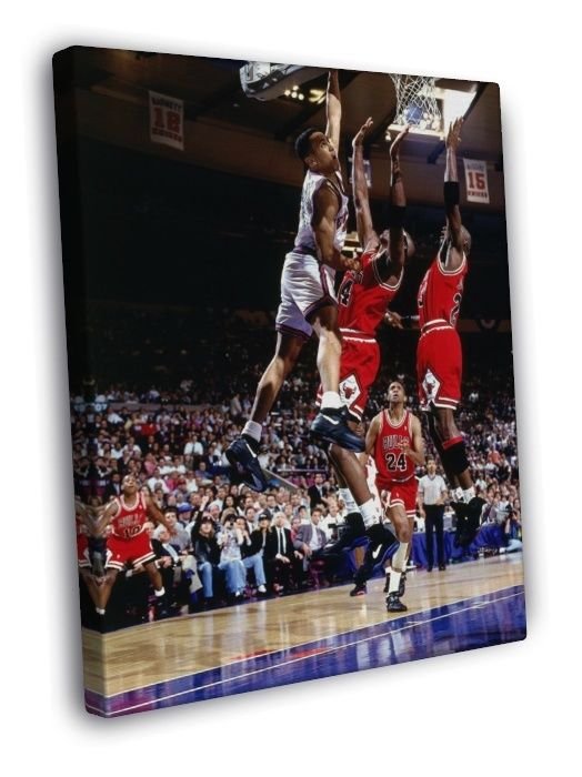 John Starks Dunk Chicago Bulls New York Knicks Retro WALL  20x16 inch FRAMED CANVAS PRINT
