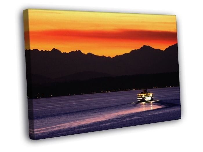 Beautiful Sunset Lake Mountains Dusk Nature WALL  20x16 inch FRAMED CANVAS PRINT
