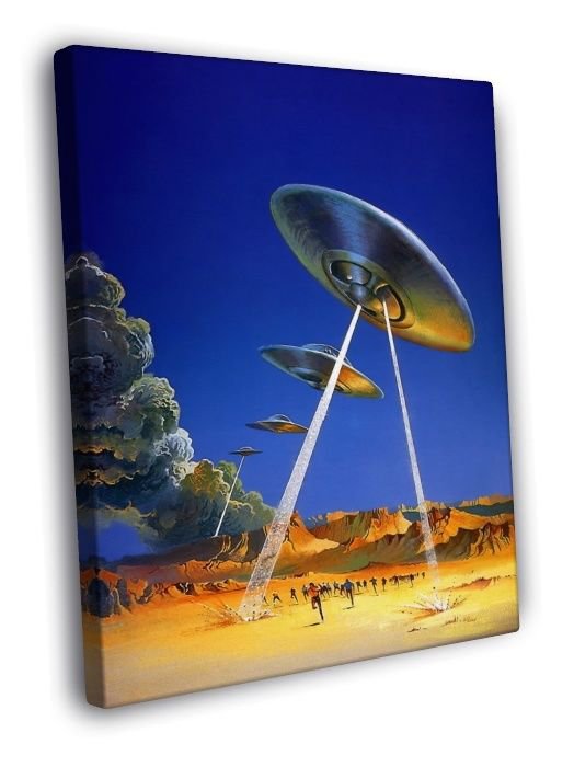 UFO Flying Saucer Alien Attack Vintage Retro  20x16 inch FRAMED CANVAS WALL PRINT