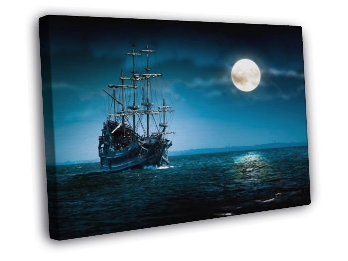 Old Sailing Ship Vessel Sea Night Moon Beautiful WALL  20x16 inch FRAMED CANVAS PRINT