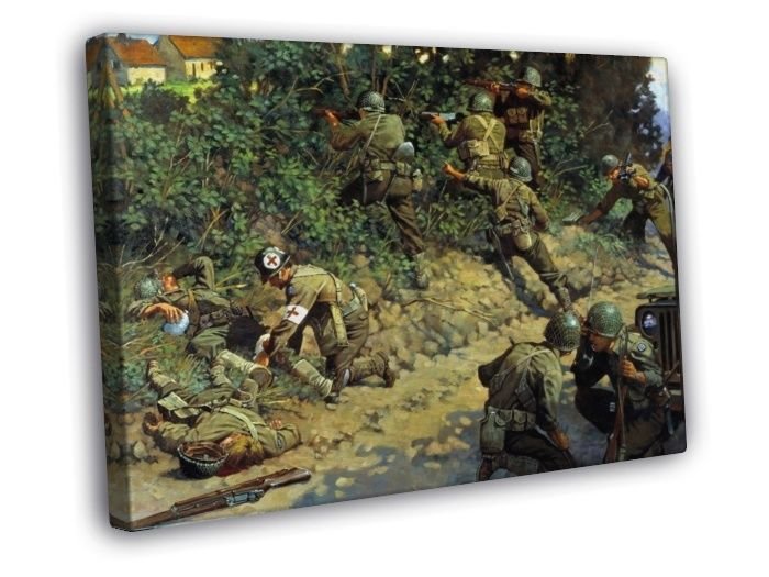 World War II D-Day Normandy WW2 Painting Art Soldiers WALL  20x16 inch FRAMED CANVAS PRINT