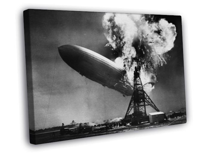 The Hindenburg Disaster Airship Fire Retro BW  20x16 inch FRAMED CANVAS WALL PRINT