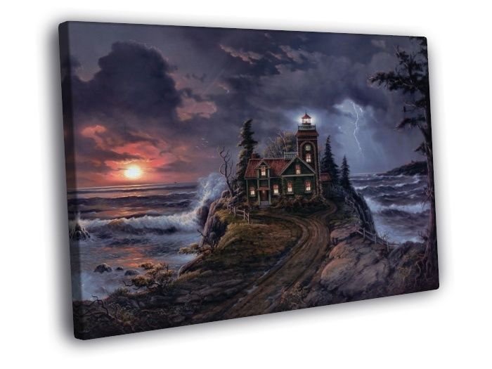 Lighthouse Cove Night Landscape Lightning Painting WALL  20x16 inch FRAMED CANVAS PRINT