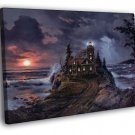 Lighthouse Cove Night Landscape Lightning Painting WALL  20x16 inch FRAMED CANVAS PRINT