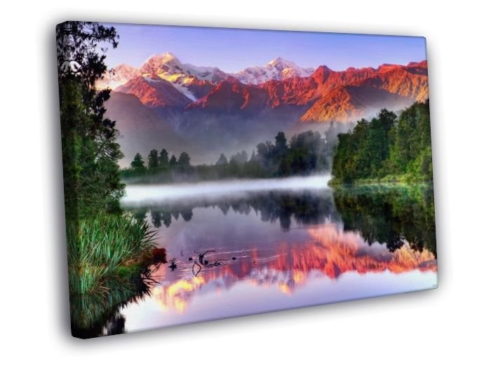 Mountains Lake Mist Sunset Beautiful Nature WALL  20x16 inch FRAMED CANVAS PRINT