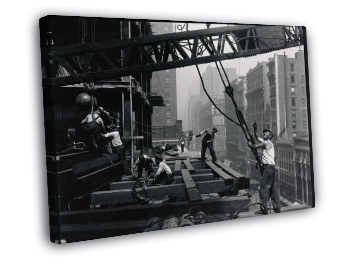 Construction Builder Worker Man Crane Retro Old BW WALL  20x16 inch FRAMED CANVAS PRINT