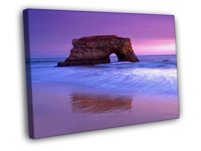 Purple Sunset Sea Stone Rock Beautiful Nature  20x16 inch FRAMED CANVAS WALL PRINT