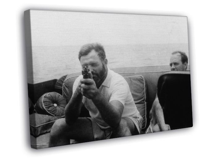Ernest Hemingway Writer Gun Iron Sights Pilar Boat BW WALL  20x16 inch FRAMED CANVAS PRINT