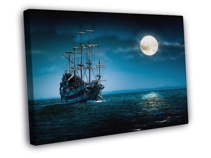 Old Sailing Ship Vessel Sea Night Moon Beautiful WALL  20x16 inch FRAMED CANVAS PRINT