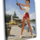 Hot Pin-Up Girl Fishing Painting Art  20x16 inch FRAMED CANVAS WALL PRINT