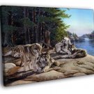 Wolves Animal Nature Landscape Lake Wolf Painting WALL  20x16 inch FRAMED CANVAS PRINT