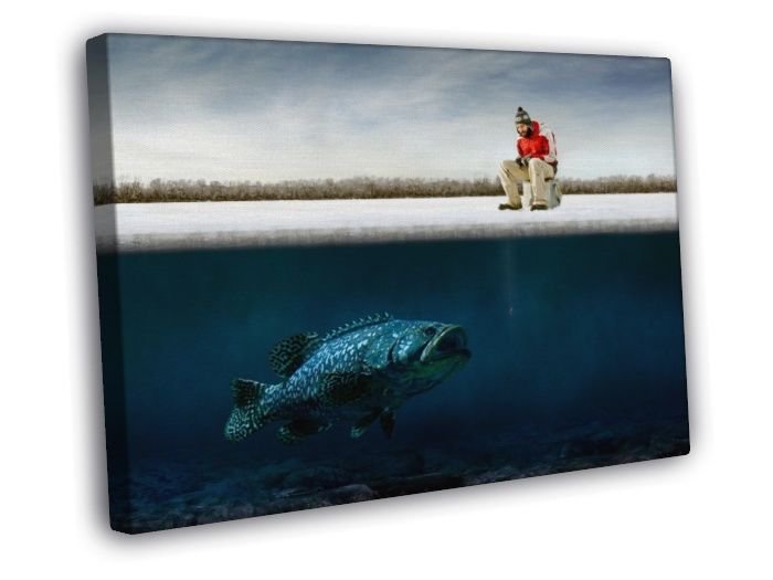 Fishing Cool Funny Giant Fish Underwater Ice Winter WALL  20x16 inch FRAMED CANVAS PRINT