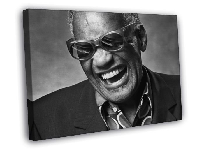 Ray Charles BW Portrait Smile Retro Music Singer  20x16 inch FRAMED CANVAS WALL PRINT