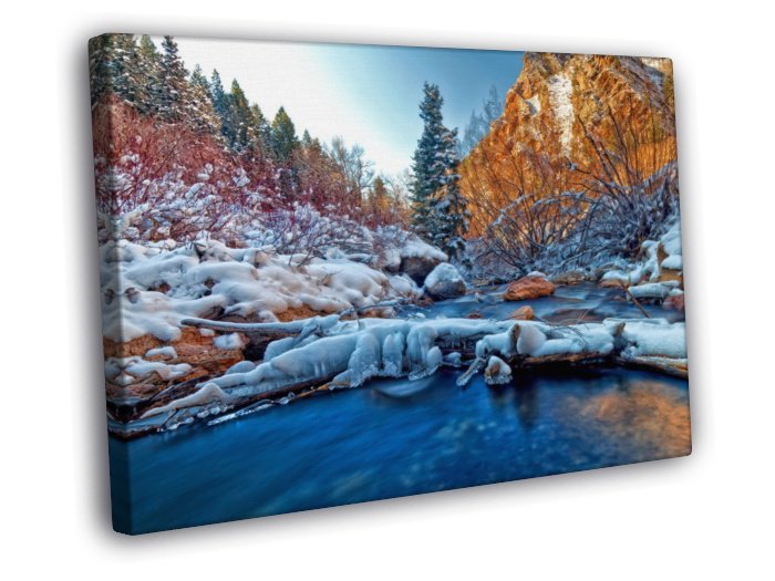 Winter River Snow Ice Cliffs Forest Beautiful  20x16 inch FRAMED CANVAS WALL PRINT