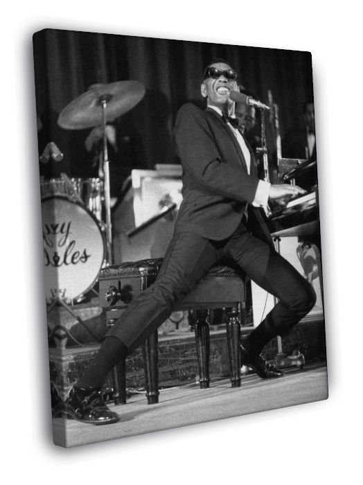 Ray Charles Concert Performance BW Retro Music Singer  20x16 inch FRAMED CANVAS WALL PRINT