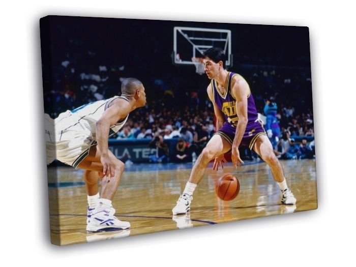 John Stockton Utah Jazz Retro Basketball Sport  20x16 inch FRAMED CANVAS WALL PRINT