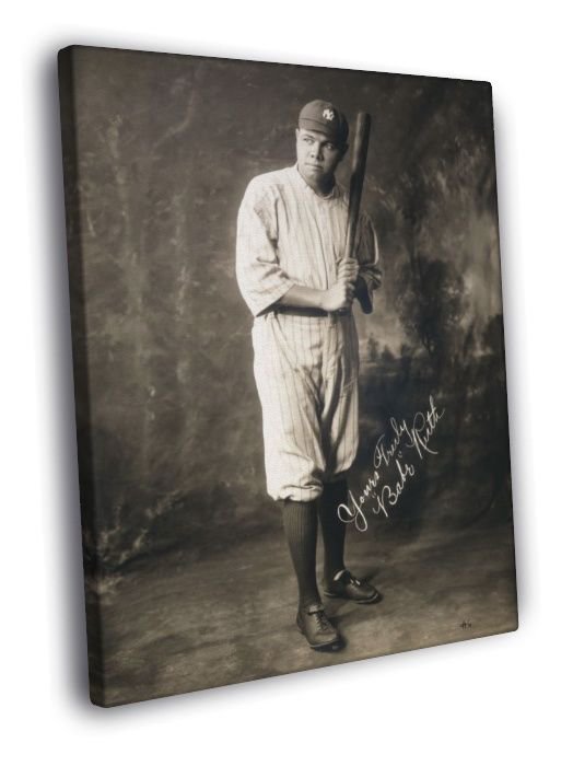 Babe Ruth Signature Baseball Retro Rare WALL  20x16 inch FRAMED CANVAS PRINT