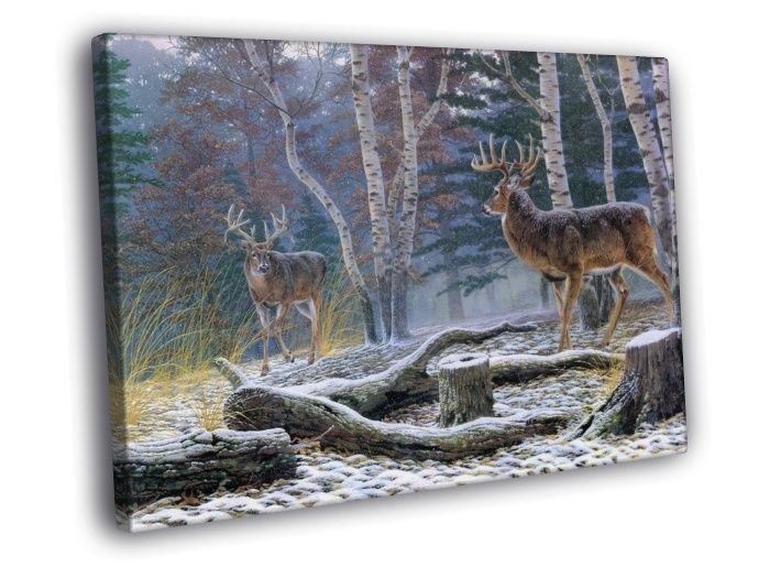 Snow Forest Deers Animal Landscape Oil Painting  20x16 inch FRAMED CANVAS WALL PRINT