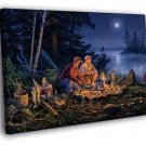 Fishing Campfire Fishermen Bear Lake Night Painting  20x16 inch FRAMED CANVAS WALL PRINT