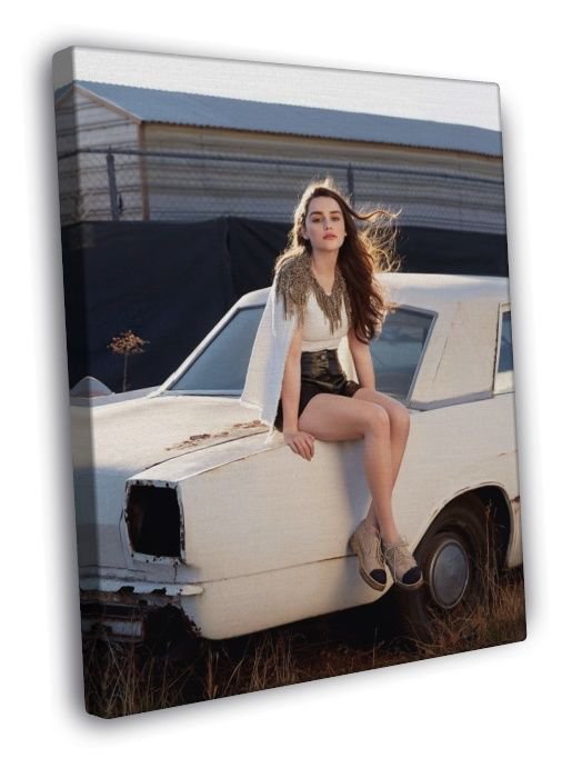 Emilia Clarke Retro White Car Actress WALL  20x16 inch FRAMED CANVAS PRINT