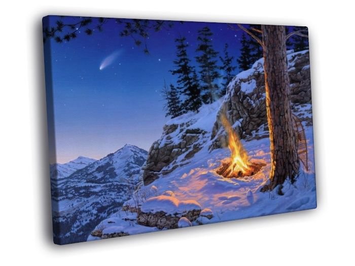 Mountain Campfire Nature Landscape Comet Painting WALL  20x16 inch FRAMED CANVAS PRINT