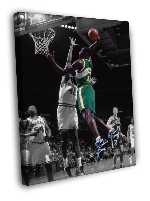 Shawn Kemp Dunk Seattle SuperSonics Retro BW Art  20x16 inch FRAMED CANVAS WALL PRINT