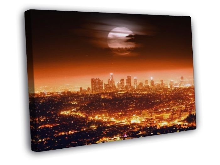 Los Angeles Skyline Full Moon Night City Lights LA  20x16 inch FRAMED CANVAS WALL PRINT