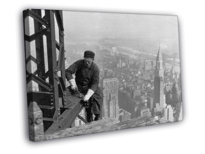Worker Skyscraper Empire State Building Old Retro WALL  20x16 inch FRAMED CANVAS PRINT