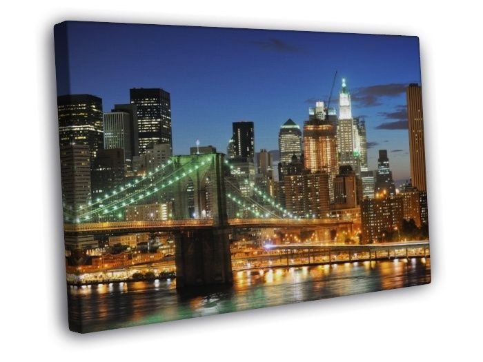 Brooklyn Bridge Manhattan NYC Beautiful Night WALL  20x16 inch FRAMED CANVAS PRINT