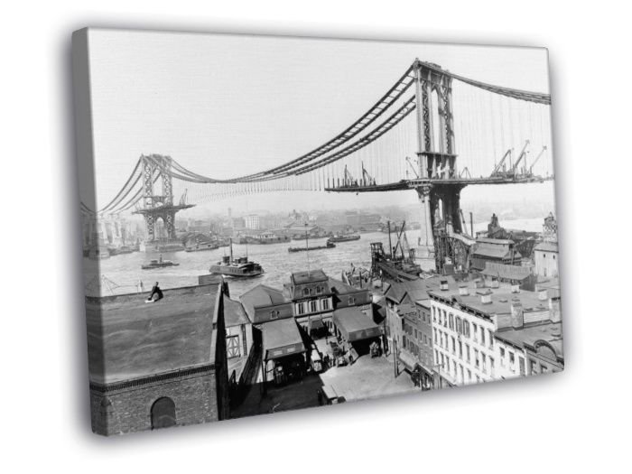 Manhattan Bridge Construction 1909 Retro Old WALL  20x16 inch FRAMED CANVAS PRINT