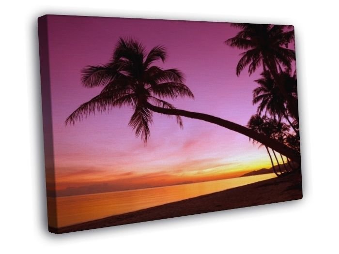 Tropical Paradise Sunset Palm Tree Beach Sea Beautiful  20x16 inch FRAMED CANVAS WALL PRINT