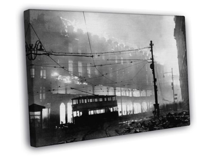 Sheffield Debris Fire WWII World War WW2 Old Retro BW  20x16 inch FRAMED CANVAS WALL PRINT