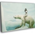 Girl Riding Polar Bear Snow Fantasy Art WALL  20x16 inch FRAMED CANVAS PRINT