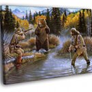 Grizzly Bear Hunting Rifle America Wild Painting  20x16 inch FRAMED CANVAS WALL PRINT