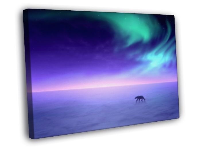 Arctic Lights Aurora Polar Bears Nature  20x16 inch FRAMED CANVAS WALL PRINT