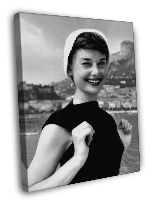 Audrey Hepburn Actress Smile Beautiful Retro BW  20x16 inch FRAMED CANVAS WALL PRINT